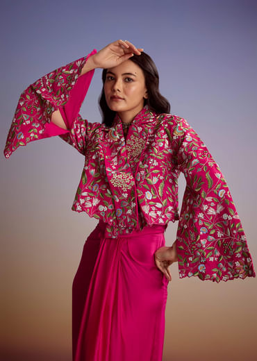 Pink Silk Crop Top Skirt With Resham Work