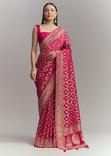 Pink Silk Embroidered Saree With Heavy Hand Embroidery