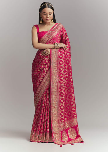 Pink Silk Embroidered Saree With Heavy Hand Embroidery