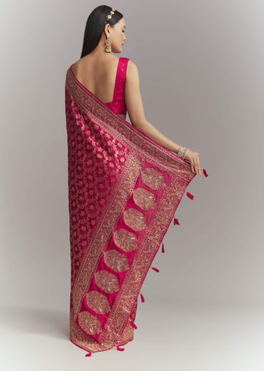 Pink Silk Embroidered Saree With Heavy Hand Embroidery