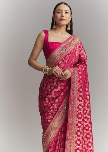 Pink Silk Embroidered Saree With Heavy Hand Embroidery