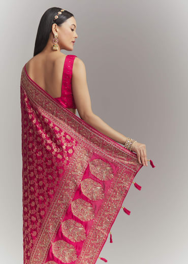 Pink Silk Embroidered Saree With Heavy Hand Embroidery