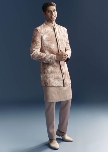 Pink Silk Indo Western Set For Men With Hand Embroidery