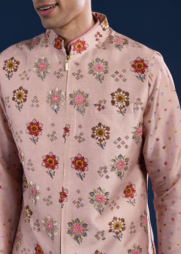 Pink Silk Jacket Kurta Set with Zari Embroidery