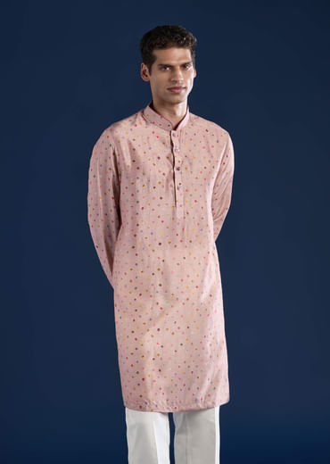 Pink Silk Jacket Kurta Set with Zari Embroidery