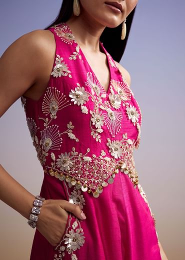 Pink Silk Jumpsuit With Embroidery And V Neckline