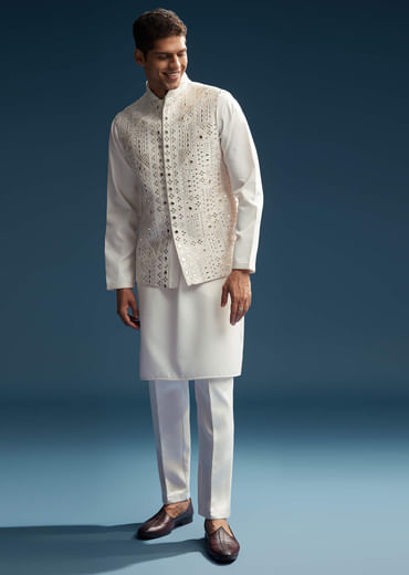 Pink Silk Kurta Jacket Set For Men With Abla Work