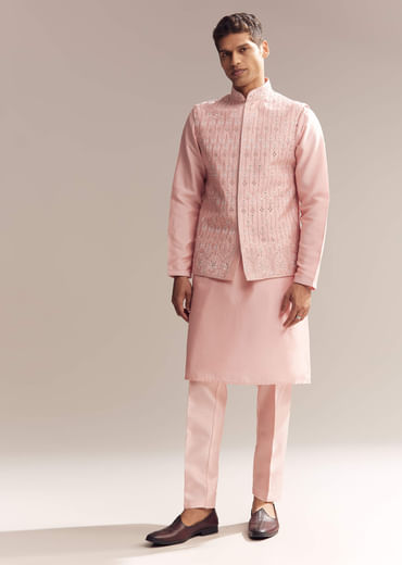 Pink Silk Kurta Jacket Set For Men With Mirror Embroidery