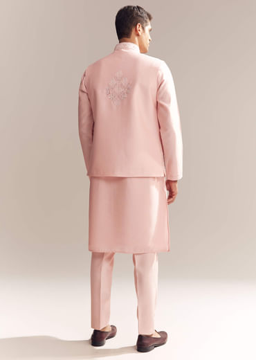 Pink Silk Kurta Jacket Set For Men With Mirror Embroidery