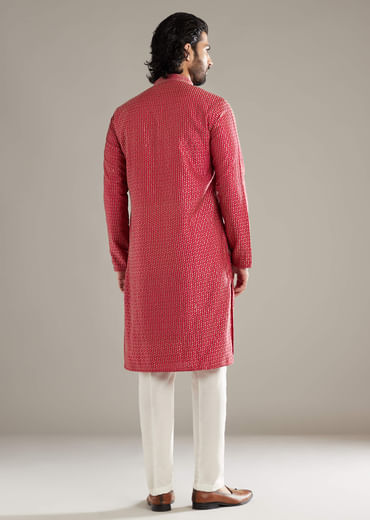 Pink Silk Kurta Set For Men With Floral Print