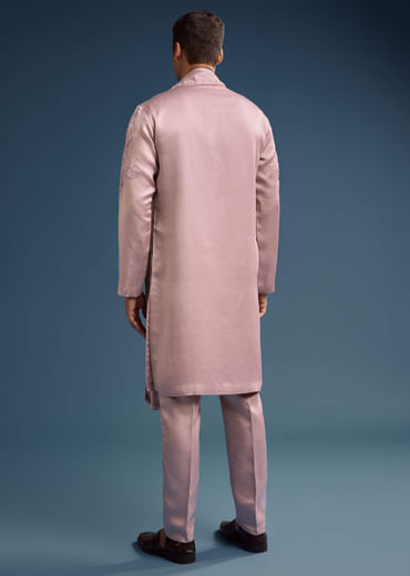 Pink Silk Kurta Set For Men With Hand Done Thread Work