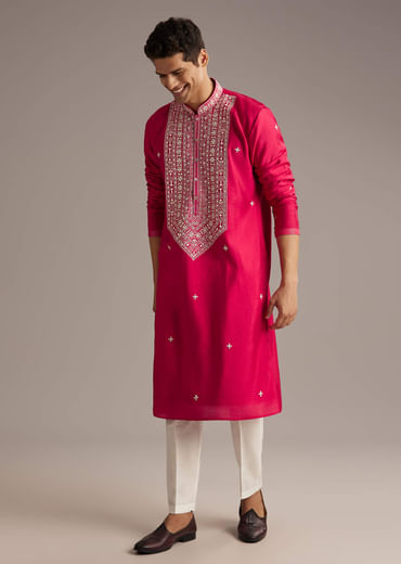 Pink Silk Kurta Set For Men With Mirror And Thread Work