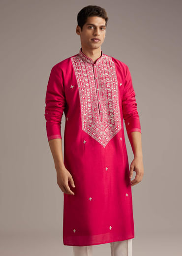 Pink Silk Kurta Set For Men With Mirror And Thread Work