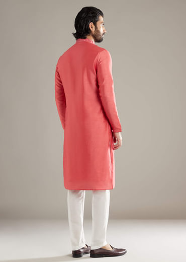 Pink Silk Kurta Set For Men With Mirror Work