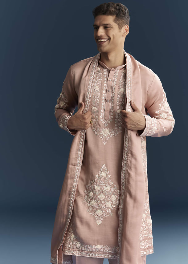Pink Silk Kurta Set For Men With Tonal Embroidery