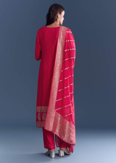 Pink Silk Kurta Set With Banarasi Weave