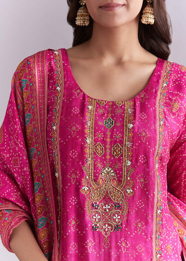 Pink Silk Kurta Set With Bandhani Print