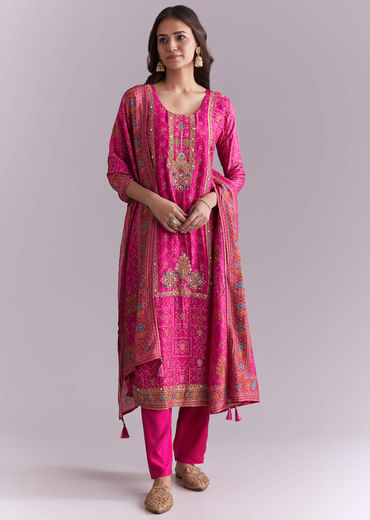 Pink Silk Kurta Set With Bandhani Print