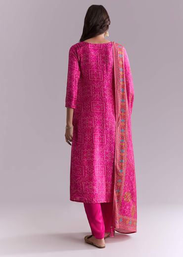 Pink Silk Kurta Set With Bandhani Print