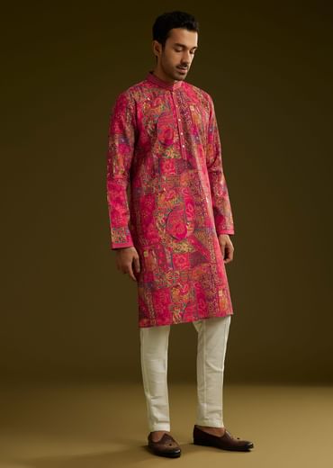 Pink Silk Kurta Set With Floral Abstract Prints