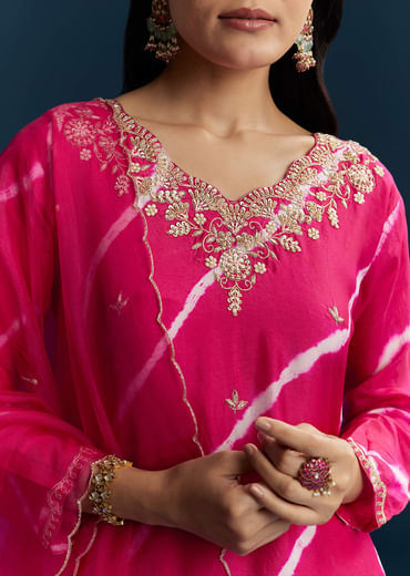 Pink Silk Kurta Set With Leheriya Print And Embroidery