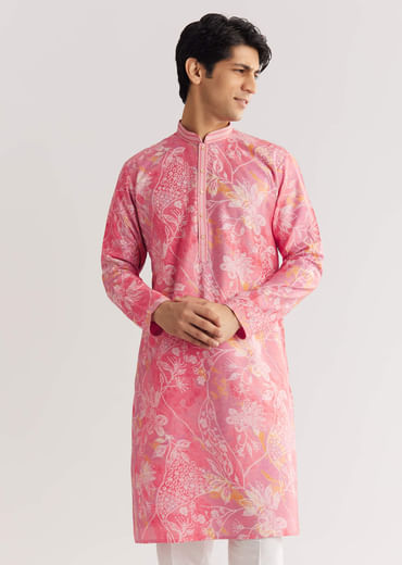 Pink Silk Kurta Set With Mandarin Collar