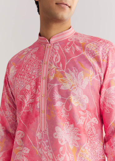 Pink Silk Kurta Set With Mandarin Collar