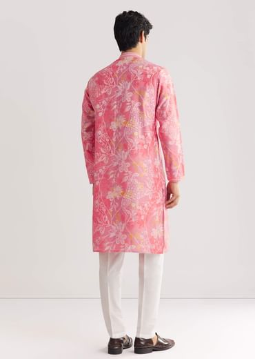 Pink Silk Kurta Set With Mandarin Collar