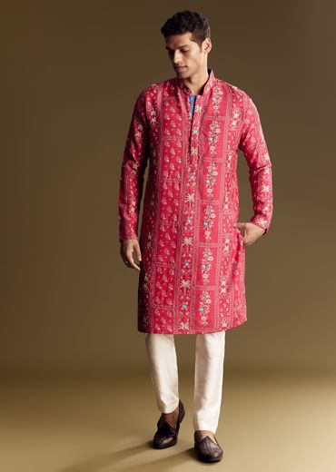 Pink Silk Kurta Set With Resham And Sequin Work