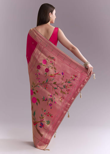 Pink Silk Muniya Paithani Saree With Multicolour Floral Motifs