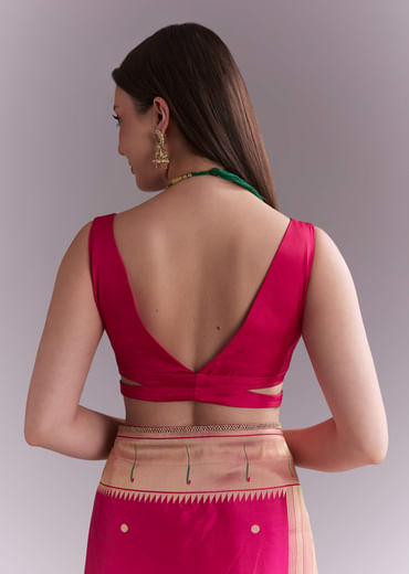 Pink Silk Muniya Paithani Saree With Multicolour Floral Motifs