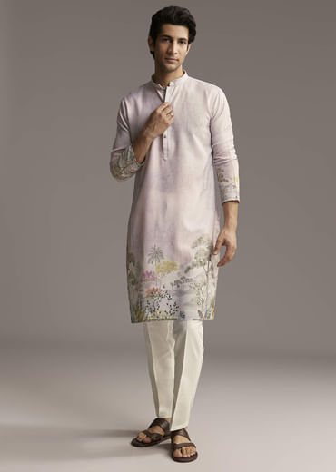 Pink Silk Kurta Set For Men With Scenic Print