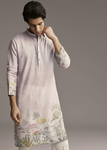 Pink Silk Kurta Set For Men With Scenic Print