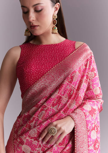 Pink Silk Woven Saree With Jaal Work And Floral Motifs