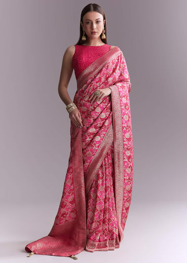 Pink Silk Woven Saree With Jaal Work And Floral Motifs