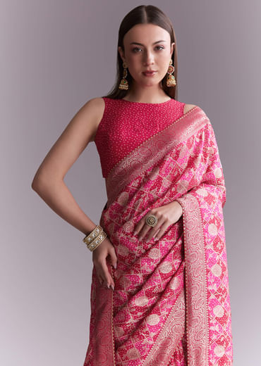 Pink Silk Woven Saree With Jaal Work And Floral Motifs