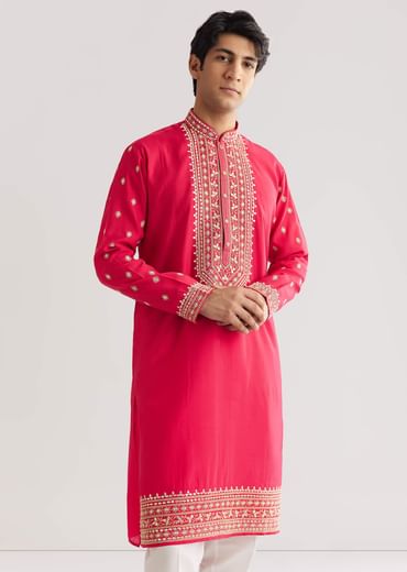 Pink Silk Yoke Embroidered Kurta Set With Gotta And Resham Work
