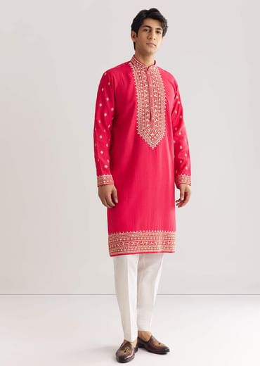 Pink Silk Yoke Embroidered Kurta Set With Gotta And Resham Work