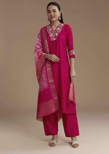 Pink Straight Silk Kurta Set with Zari Work