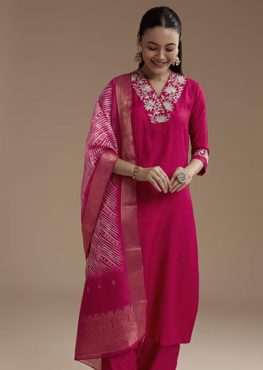 Pink Straight Silk Kurta Set with Zari Work