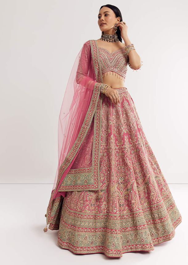 Pink Sweetheart Neck Georgette Cutdana Stonework Lehenga With Net Dupatta