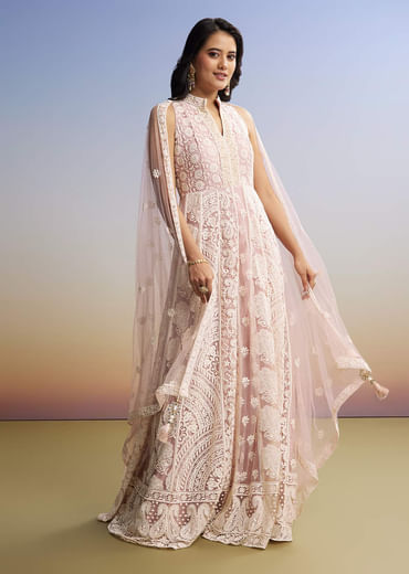 Pink Threadwork Anarkali With Dupatta
