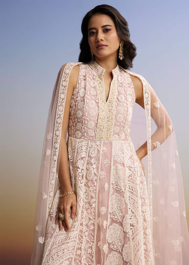Pink Threadwork Anarkali With Dupatta
