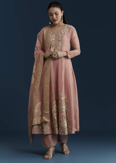 Pink Tissue Anarkali Set with Zardozi Work