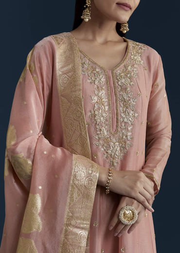 Pink Tissue Anarkali Set with Zardozi Work