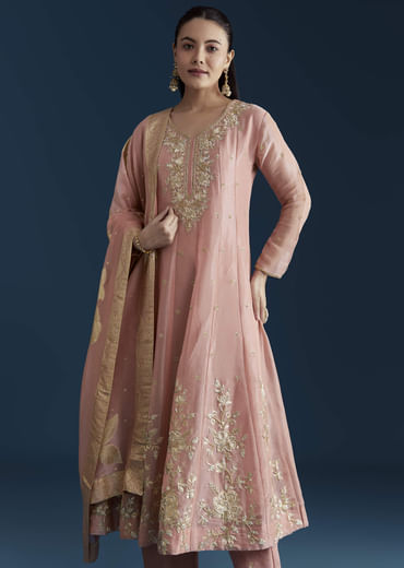 Pink Tissue Anarkali Set with Zardozi Work