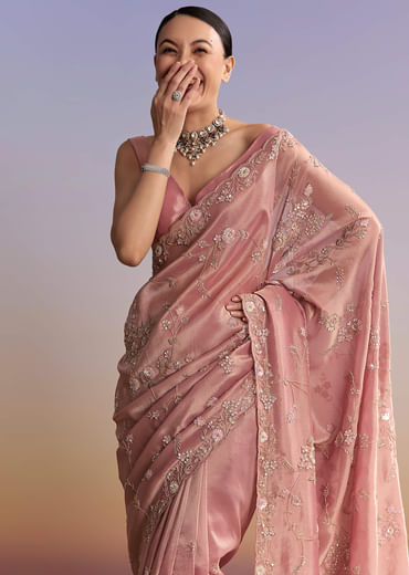 Pink Tissue Embroidered Saree With Cutdana And Jaal Work
