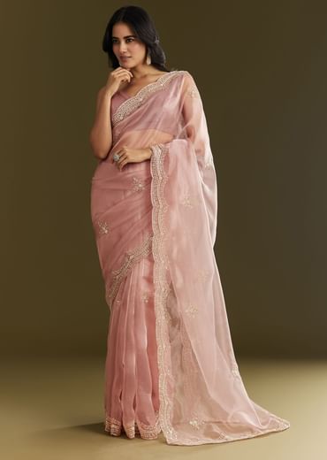 Pink Tissue Embroidered Saree With Cutdana Sequins And Moti