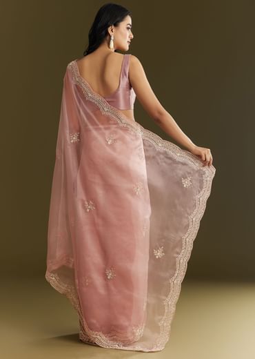 Pink Tissue Embroidered Saree With Cutdana Sequins And Moti