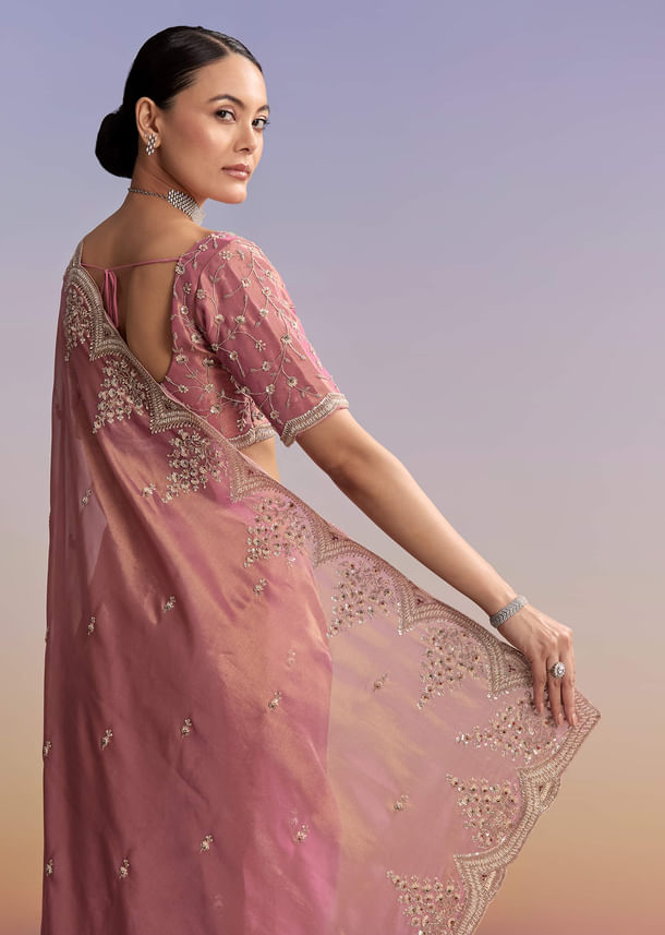 Pink Tissue Embroidered Saree With Sequin And Stone Work